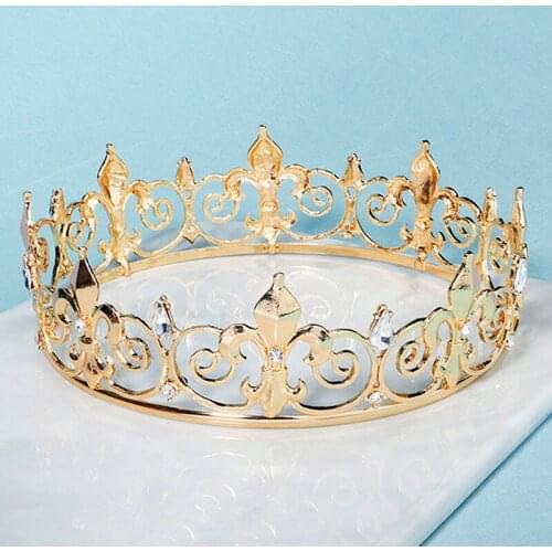 Vintage Royal Alloy Full Round Rhinestone Tiaras Classic Baroque Crown Gold Rhinestone Bridesmaid King Headband for Women Men