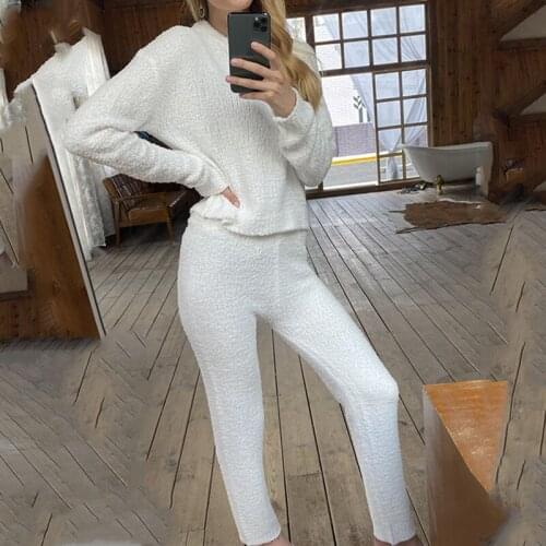 Foridol knitted fluffy two pieces women suits autumn winter long pants sets 2020 white fuzzy sweater sets casual suits 2020
