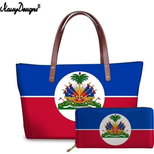 NOISYDESIGNS Haiti Flag Print Woman Leather PU Handbag Zipper Clutch Coin Purse Brief Fashion Large Neoprene Bag and Long Wallet