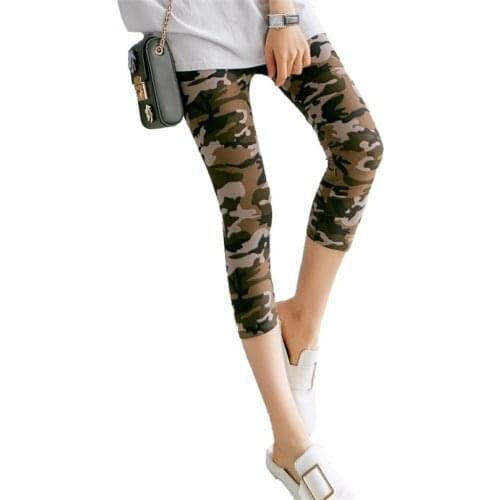 LJCUIYAO Printing Plaid Capris Pants Women Summer Elastic Waisted Floral Fitness Leggings Seventh Camouflage Plus Size Bottom