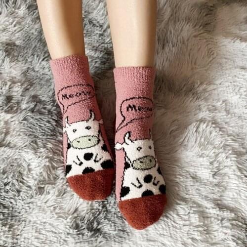 Women Cute Cartoon Milk Cow Print Fuzzy Slipper Socks Winter Thick Warm Coral Velvet Kawaii Cozy Floor Sleeping Hosiery
