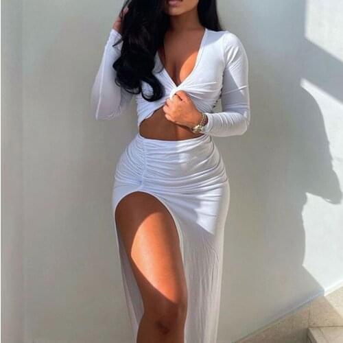 Women Fashion Suits Autumn Solid Ladies Long Sleeve V Neck Crop Tops+Split Irregualr Skirts Sexy Bodycon Outfits