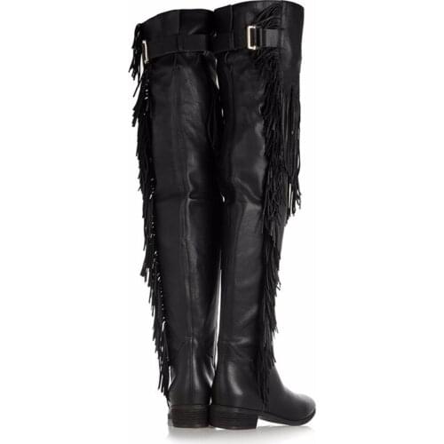 Sexy Woman Tassel Over The Knee Boots Solid Flat Bottom Pointed Toe Thigh High Boots Women Fashion Buckle PU Leather Boots Lady