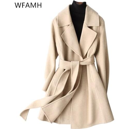 2021 new double-sided cashmere coat mid-length style loose and fashionable high-end woolen coat women Polyester Full Solid
