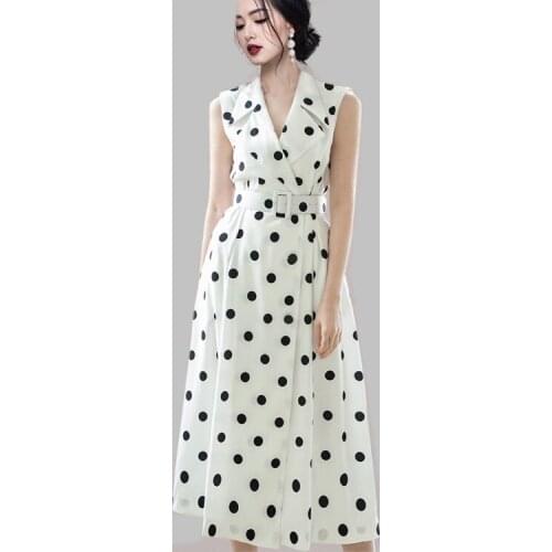 Women Office OL Sleeveless Dress 2021 Summer Korea Lady Elegant Temperament Polka Dot High Waist A-Line Party Dress Vestidos