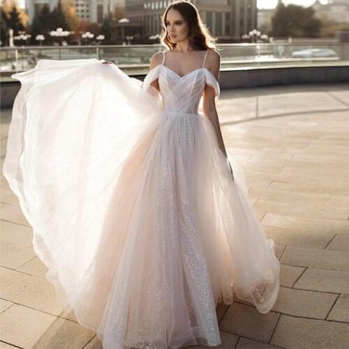 Wonderful Sequins Tulle Wedding Dress Off the Shoulder A line Beach Wedding Dress 2021vestidos de novia