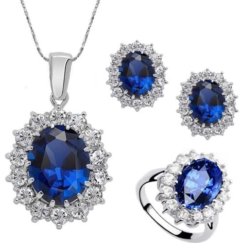 3Pcs/Set Oval Faux Gem Full Rhinestone Charm Earrings Necklace Ring Lady Jewelry fashion