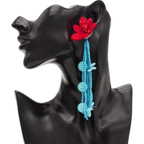 6 Colors Trendy Long Drop Earrings Acrylic Beads Tassel Dangle Earrings Flower Polyester Cashmere Ear Stud Women Jewelry Design