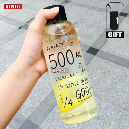 AIWILL New Arrival Water bottle Glass bottles 2020 Fashion with bag and rope 500ML Outdoor sports cute gift for girl boy student