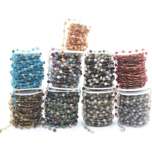 5Meter Natural Agates 6mm Faceted Round Beads Rosary Chain,Brass Wire Wrapped Colourful Stone Link Necklace Chain Jewelry Making
