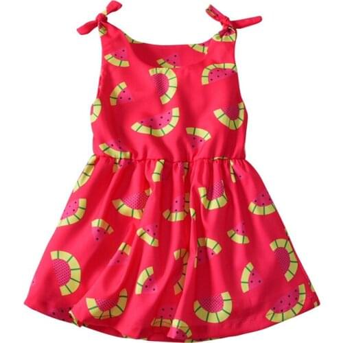 DFXD England Style Summer Kids Girl Clothes Red Sleeveless Watermelon Print Bowknot Shoulder Vest Beach Dress For 1-5Years