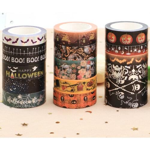 NEW 15mm*10M Skull Halloween Washy Tape Pumpkin Ghost Vampire Graves Designs Adhesive Scrap Booking Tape
