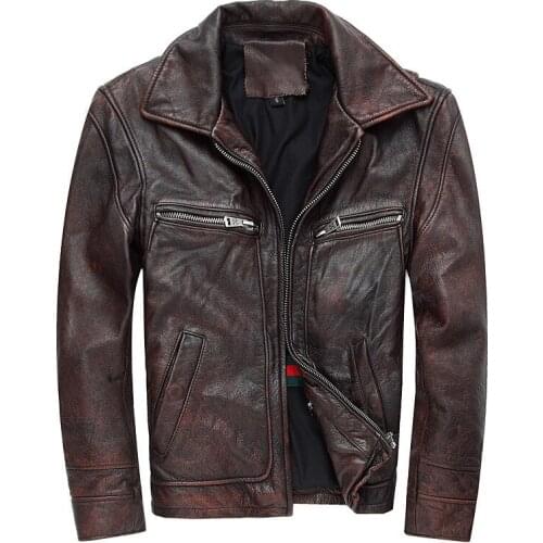 2020 New Men Retro Vintage maroon Genuine Leather Jacket Fashion Motorcycle Leather jackets Cowskin Winter Coats