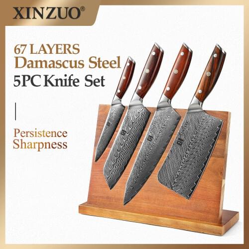 XINZUO 5PCS Chefs Knife Set Damascus Steel with Rosewood Handle Kitchen Knives Magnetic Knife Stand Cutlery Kitchen Chef Sets