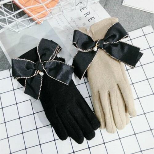 New Korean touch screen cashmere khaki black gloves wool bow warm knitted women spring winter gloves thick mittens