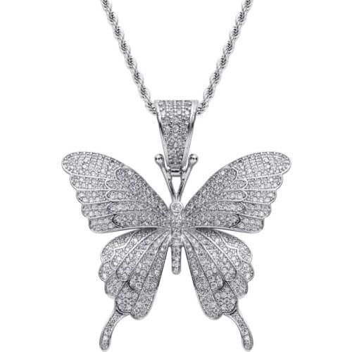 Iced Out Diamond Butterfly Pendant Necklace with CZ Stones Gold Silver Plated Stainless Steel Chain Hip Hop Jewelry Necklaces