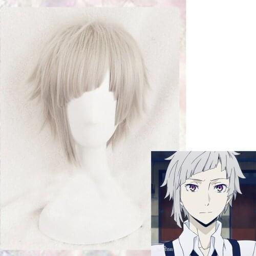 Bungou Stray Dogs Cosplay Atsushi Nakajima Wig Short Straight Light Gray Heat Resistant Hair Halloween Anime Role Play + Wig Cap