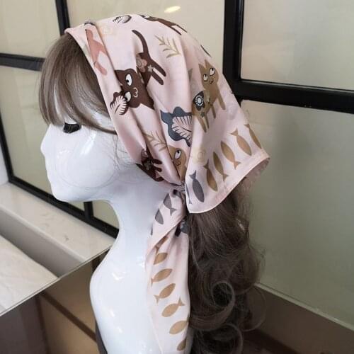 Luxury Brand 2020 New Designer Silk Square Scarf Women cat painting Satin Neck Hair Tie Band Beach Hijab Head Female Foulard