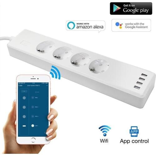 Wifi Smart Power Strip 4 EU Outlets Plug with 4 USB Charging Port Timing App Voice Control Work with Alexa Google Home Assistant