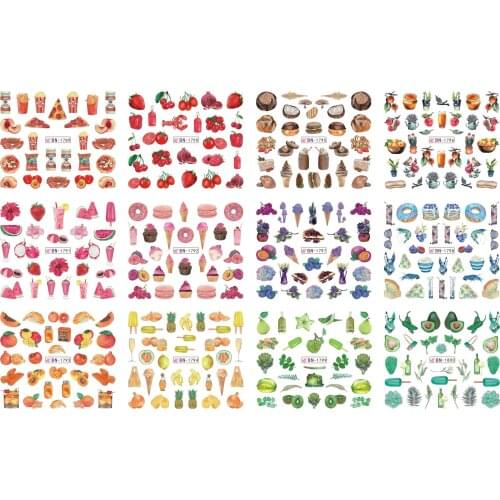 UPRETTEGO 12 PACKS / LOT NAIL ART BEAUTY WATER DECAL SLIDER NAIL STICKER FRUIT DESSERT BREAD CAKE ICE CREAM SNACK BN1789-1800