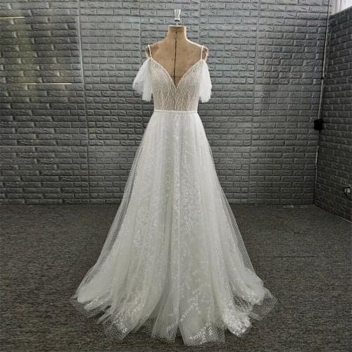 Spring Autumn Spaghetti Strap Beaded A Line Boho Wedding Gown Beach Bridal Gown