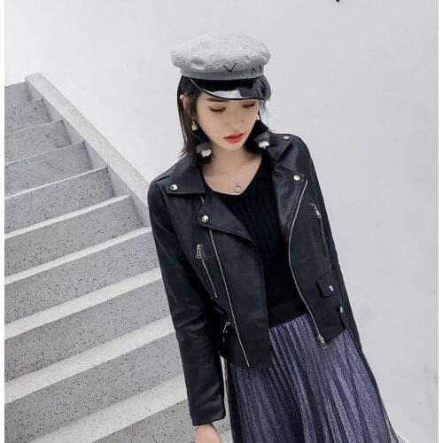 PU Leather Jacket Women Bike Jackets Black Lapel Long Sleeve Sim Short Coat Simple Ladies Motorcycle Jackets Suede