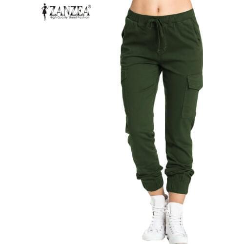 Womens Pants ZANZEA Plus Size Ladies Cargo Casual Long Trousers 2021 Fashion Female Drawstring Elastic Waist Bottoms Pantalones