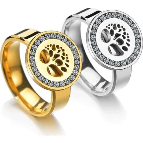 Gold Silver Color Rhinestone Stainless Steel Woman Men Rings Hollow Tree of Life Hip Hop Wedding Ring Jewelry Creativity Gift