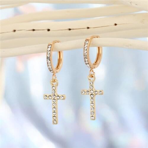 1Pair New Cute Rhinstone Cross Small Hoop Earrings For Women Vintage Shiny Crystal Round Circle Earrings Wedding Jewelry E368-37