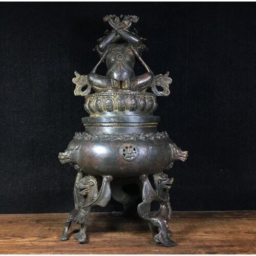 12" Tibet Buddhism Temple Old bronze Yellow God of Wealth Buddha Statue Lion statue Yellow God of Wealth Lion Incense Burner