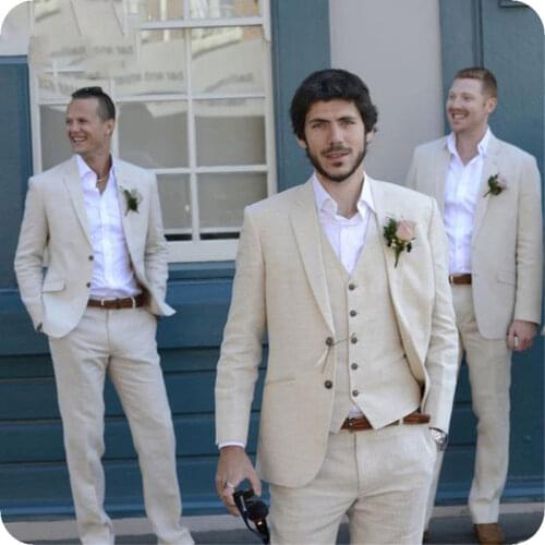 Beige Linen Wedding Suits Men Groom Wear Tuxedos 3 Pieces (Jacket+Pants+Vest) Bridegroom Suits Best Man Blazer