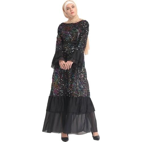 Sequins Abaya Dubai Kaftan Women Muslim Flare Sleeve Long Maxi Dress Islamic Turkey Abayas Jilbab Arab Robe Party Cocktail Gown
