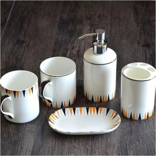 Bathroom Geometry Figure Ceramic Five-piece Set Toilet Articles Porcelain Gargle Cup+Toothbrush Holder+Lotion Bottle+Soap Dish