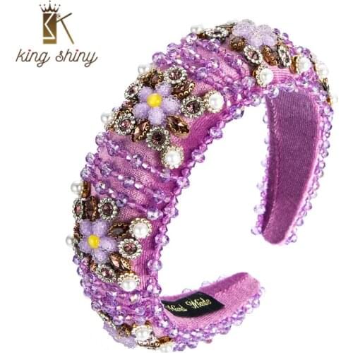 King Shiny Elegant Baroque Crystal Flower Headband Luxury Hand Made Diamond Beaded Thick Sponge Hairband Princess Party Headwear