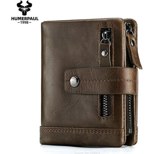 Genuine Leather Wallet RFID Anti-Theft Scan Purse Zip Hasp Vintage Money Bag Business Mens Multi-card Coin Purse