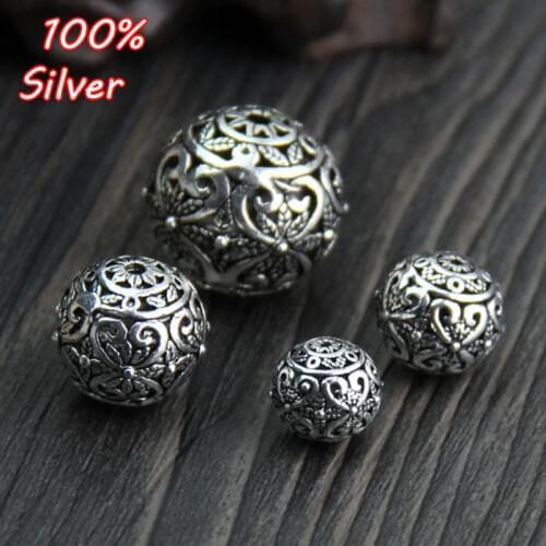 925 Sterling Silver Color Round Hollow Spacer Beads Retro Handmade Charm Ball Beads DIY Bracelets Jewelry Making Findings