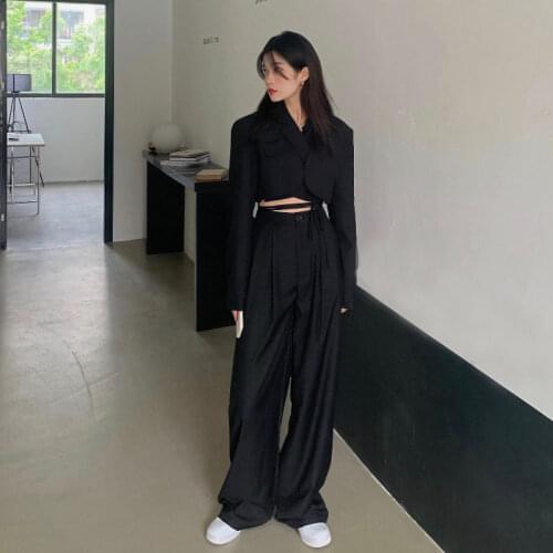 Fashion Casual Style Women Suit Autumn Black Street Suit New Short Small Jacket Coat Sweet Elegant Lady Girl Pant Suit