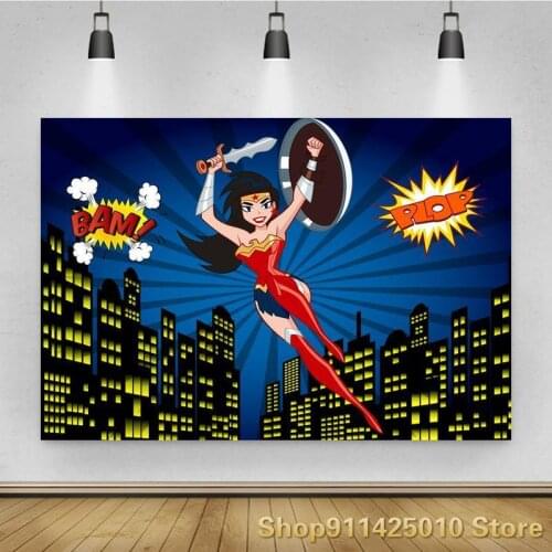 Cartoon Super Woman Warrior Guard City Background Boy Birthday Party Decoration Photography Studio Photo Children Room Backdrop