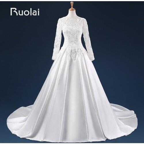 Real Brand New Long Wedding Dresses Scoop V Back Satin Applqiues Lace Beaded Bodice Bridal Gown For Wedding ASAFN27