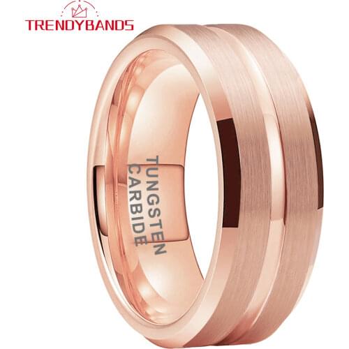 Rose Gold 6mm 8mm Men Women Wedding Band Tungsten Carbide Quality Ring Center Grooved Beveled Edges Brushed Finish Comfort Fit