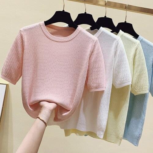 Solid Knitted Women T-Shirts Summer New 2021 O-Neck Short-Sleeved Sweet Style Elegant Office Lady Pulls Outwear Tops Tees