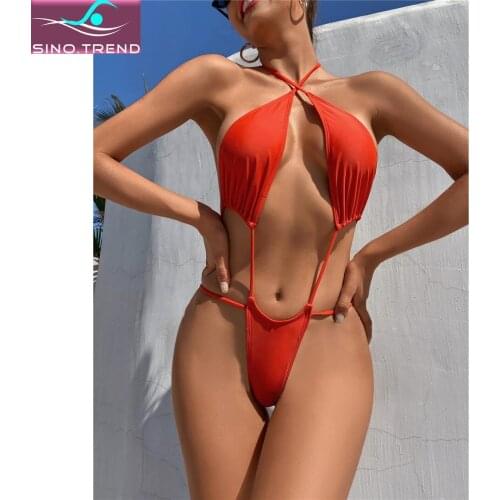 Sexy Solid Halter Backless Monokini One Piece Thong Swimwear Criss Cross Cut Out Orange Women Bathing Suit