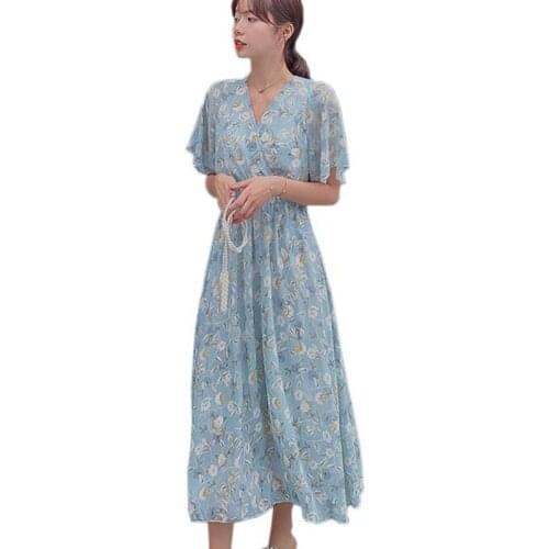 Elegant Floral Print Women Chiffon Dress Vintage Elastic Waist Ruffle Long Dress Bohemia Summer Beach Dresses A-line Vestidos