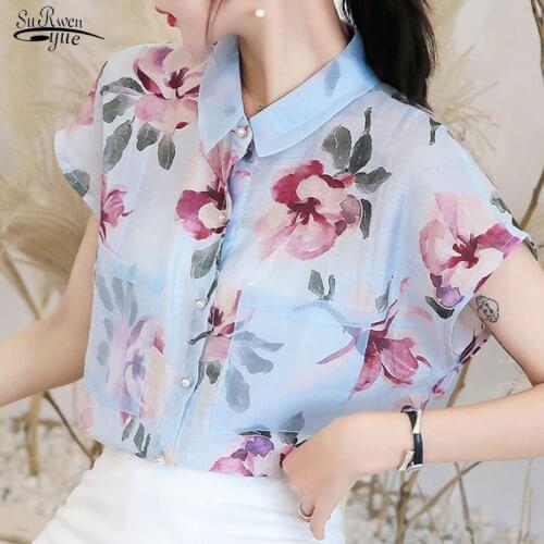 Casual Floral Women Chiffon Tops Summer Fashion Women Chiffon Blouses Turn-down Collar Short Sleeve Women Clothing Blusas 5101