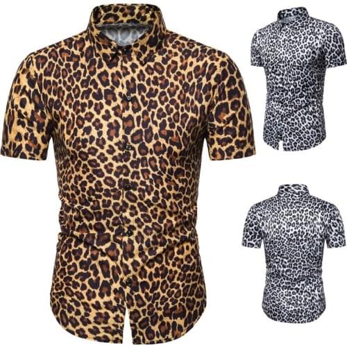 New Fashion Mens Leopard Printed Shirt Casual Button Shirts Men Short Sleeve Sexy Streetwear Shirt