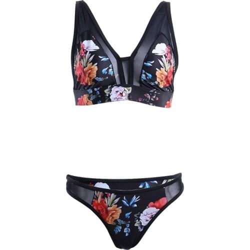 Sexy Mesh floral patchwork Padded bikini set two-piece bathing Vintage Women femme Fancy beach swimming clothes Push-up Biquinis