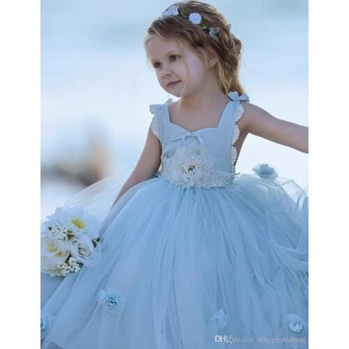 Light Blue Square Neckline Baby Girls Pageant Dresses Handmade Flowers Tulle Ball Gown Flower Girl Dresses Children Communion Go