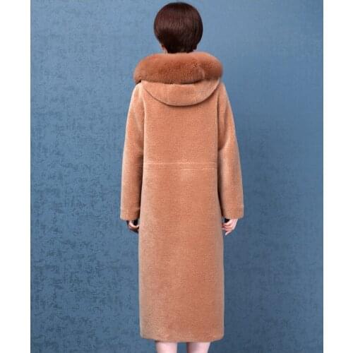 Real Fur Coat Women Sheep Shearing Overcoat Winter Warm 100% Wool Long Hoody Parka Real Fox Fur Collar Jacket Tops LX2469