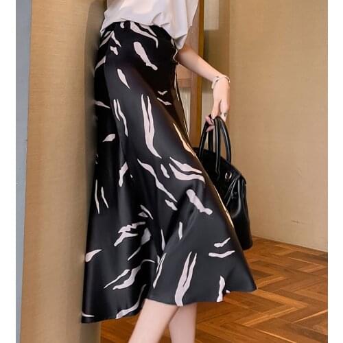 Summer Silk Midi Skirts Womens Korean England Style Satin Office Lady Simple Solid Elegant Faldas Mujer Moda Long Skirts Womens