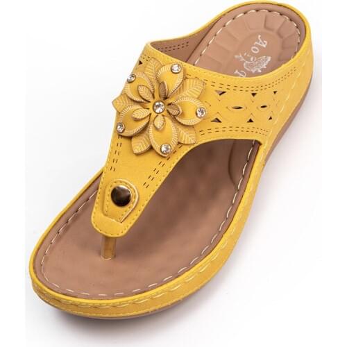 Platform Woman Flip Flops Flower Sandals Chunky Rhinestone Wedges High Quality PU Leather Slippers Summer Casual Beach Shoes